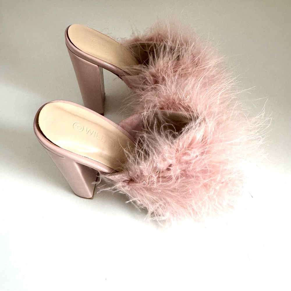 Wild Diva Blush Pink Feathered Slip On Heeled Mules size 5 - Picture 8 of 15